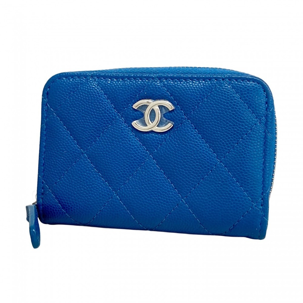 CHANEL Authentic Blue Quilted Card Holder with Silver Logo